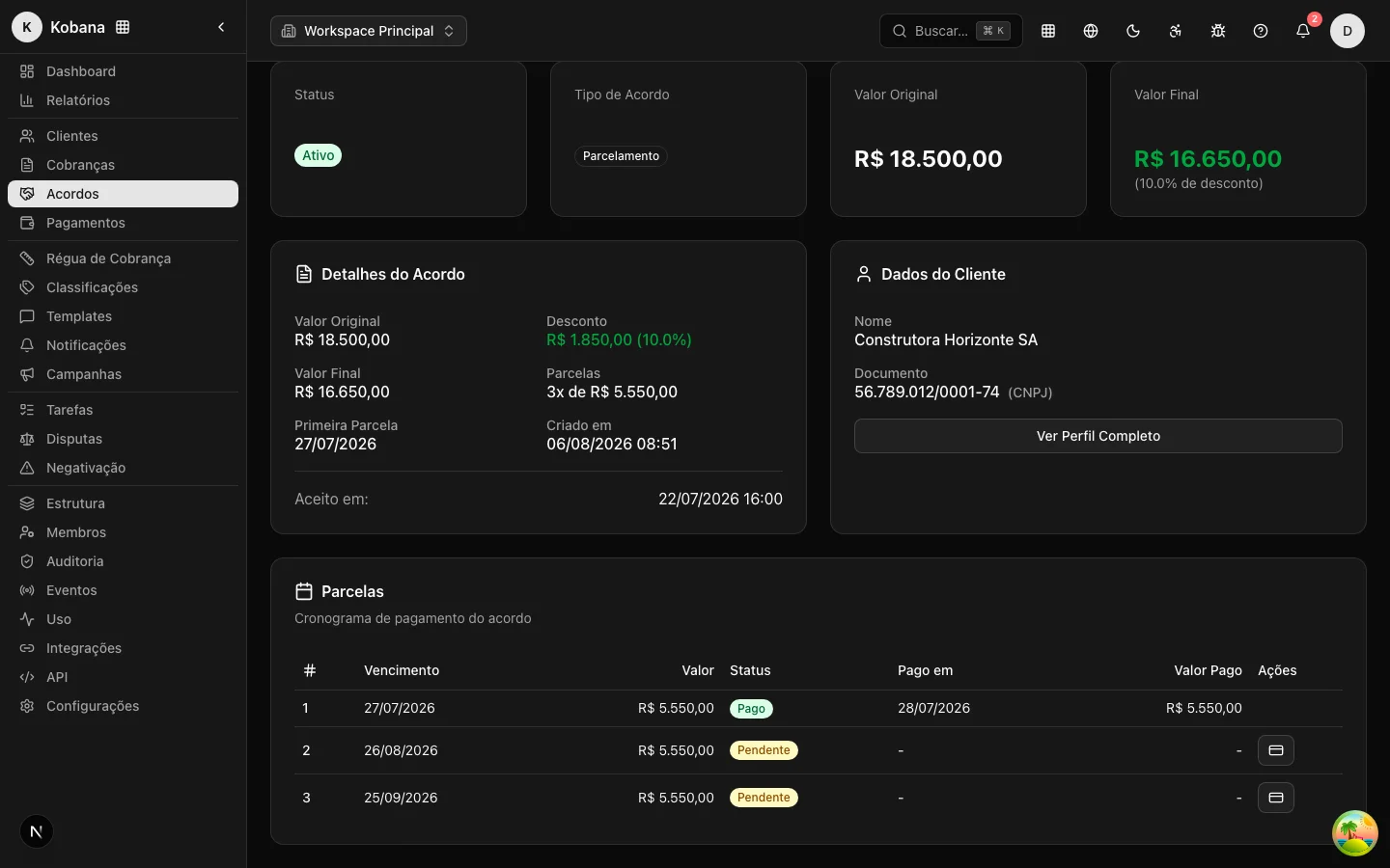 Cuotas del acuerdo con estado y pagos