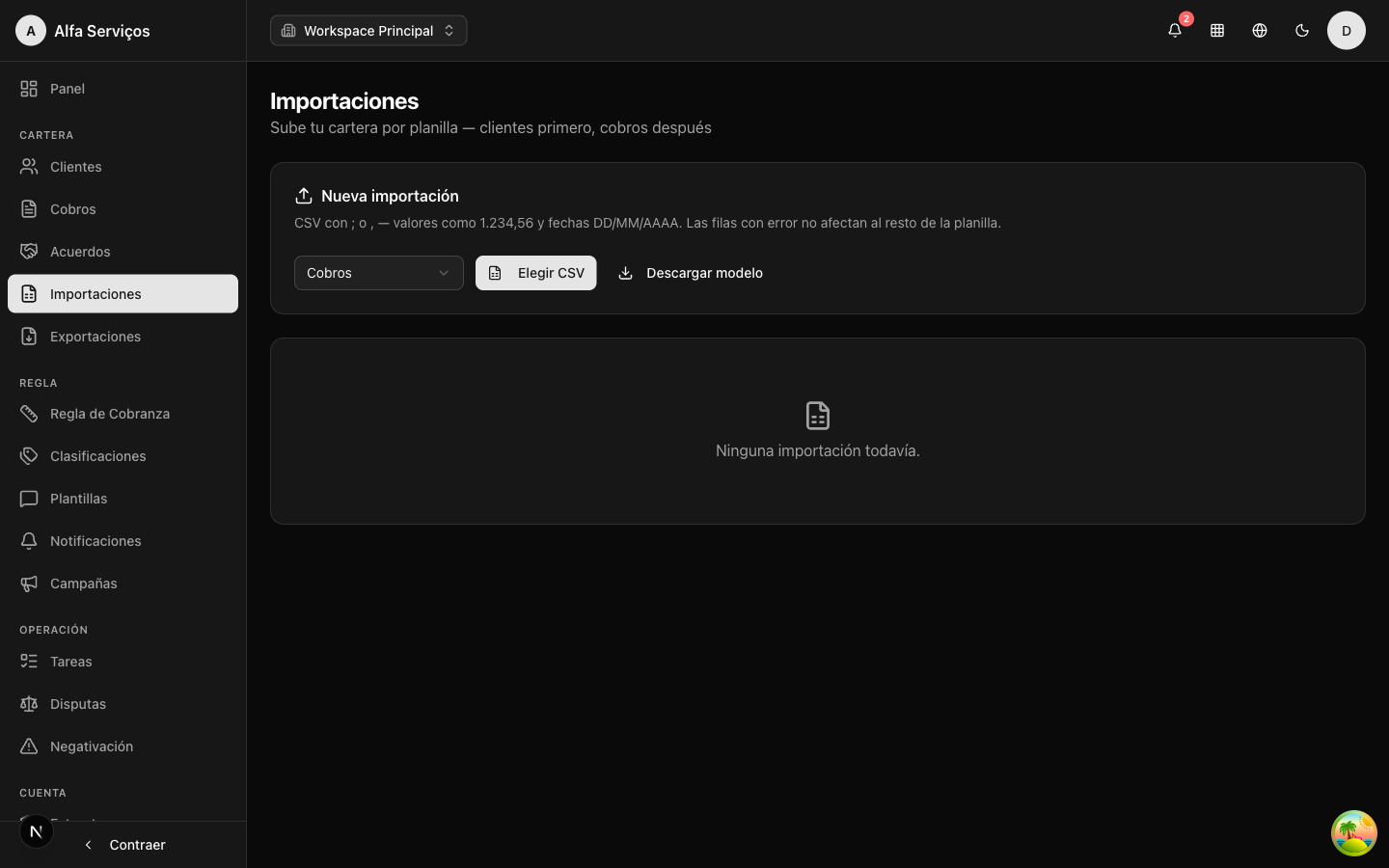 Página de importaciones