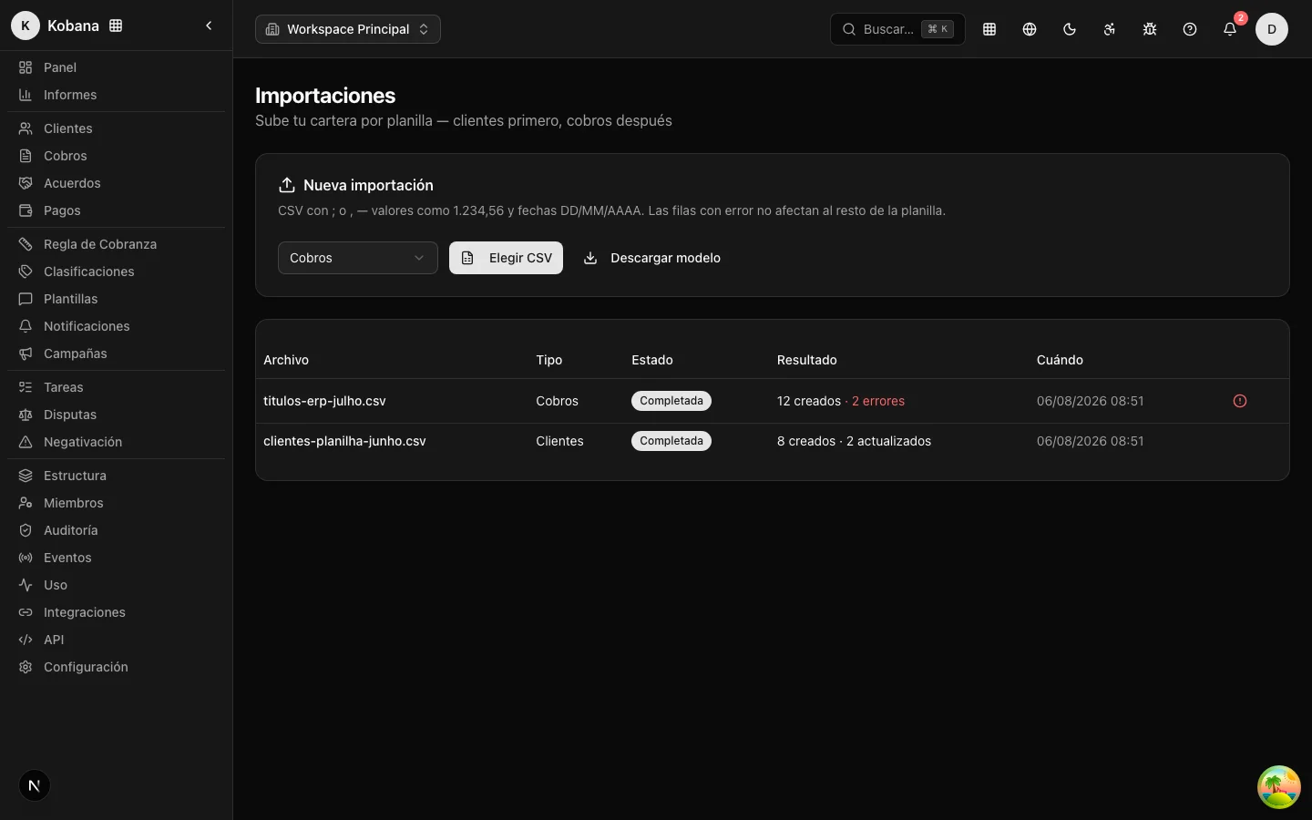 Página de importaciones