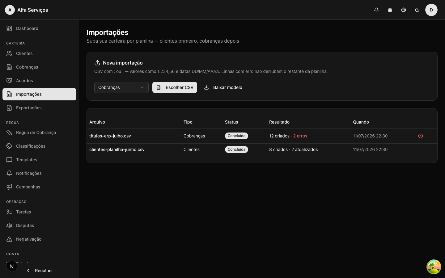 Página de importações